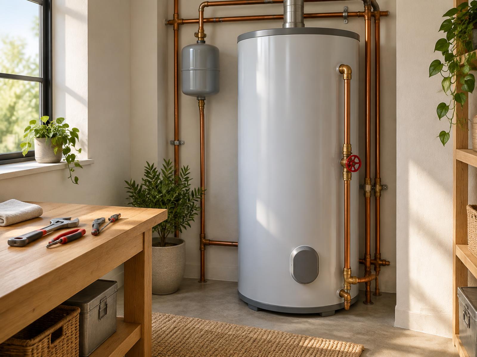 A tidy home utility room with a newly installed water heater and neat copper pipework.